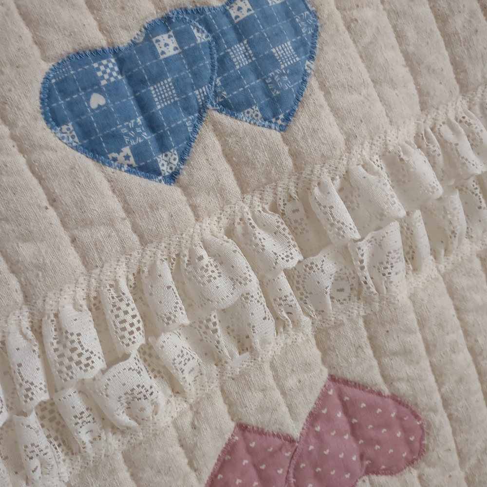 2 Quilted Lace Ruffled Trim Table Runner with Blue and Pink Hearts - Picture 2 of 8